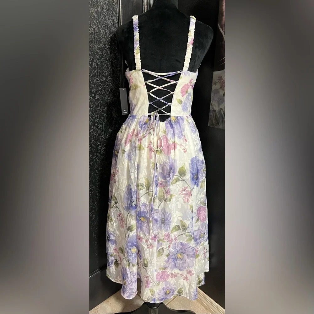 💜LULUS Hillela Ivory Floral Ruffled Lace-Up Midi Skater Dress💜SZ L- NWT - Picture 8 of 16